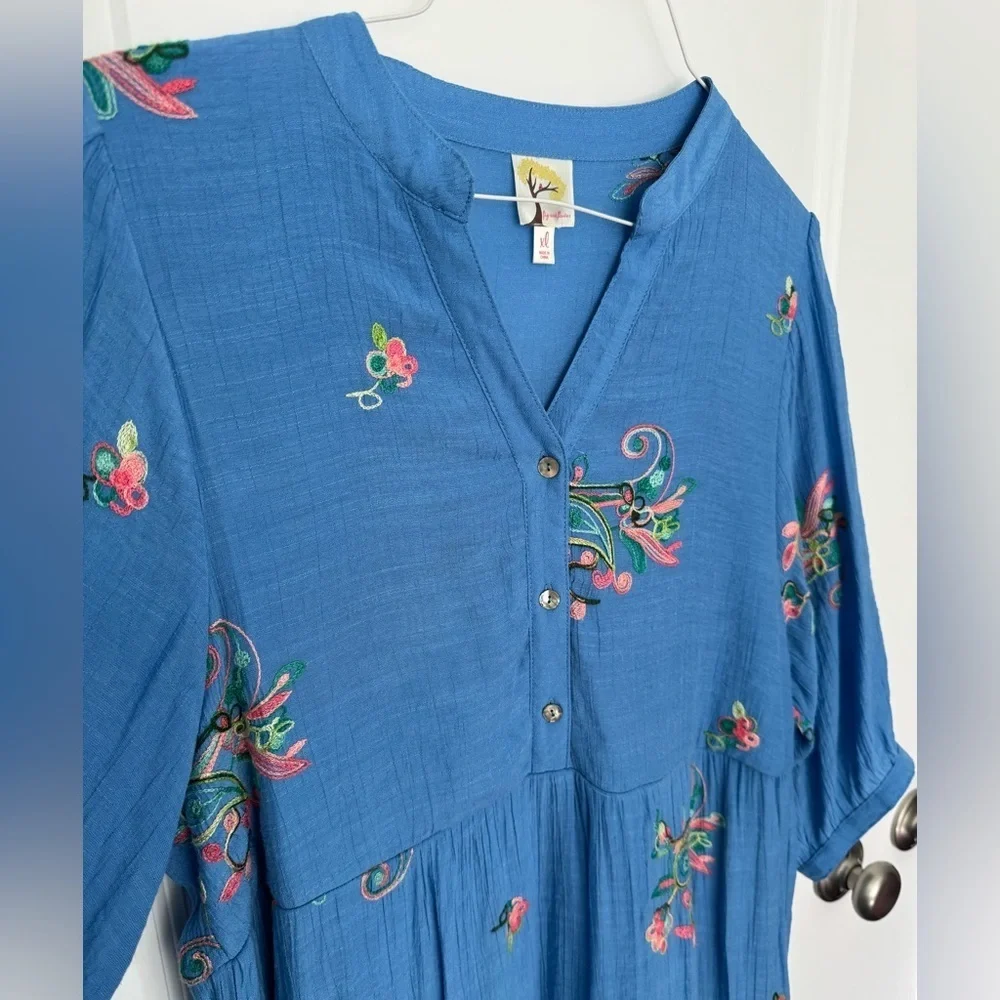 Anthropologie Fig And Flower Dress Womens XL Blue Tiered Embroidered Maxi - Picture 5 of 7